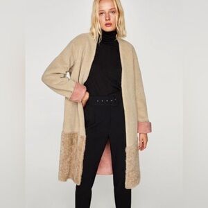 Zara Beige/Tan Faux Fur Teddy Coat with Pink Faux Suede Lining Size Small